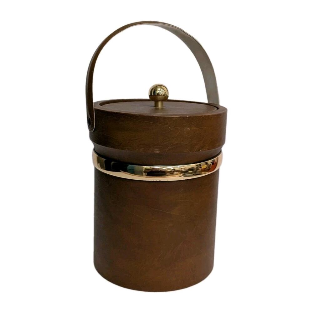 Vintage MCM Brown Faux Leather Ice Bucket Gold Brass Trim Handle Retro Barware